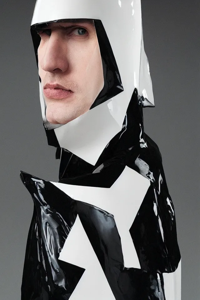Image similar to a pale white man in a black latex acronym cape, in the style of mike dringenberg and ashley wood