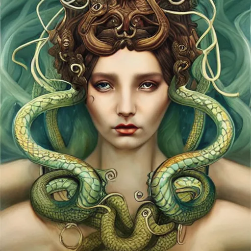 Prompt: realistic mythological greek medusa with snakes on the head, by anna dittmann