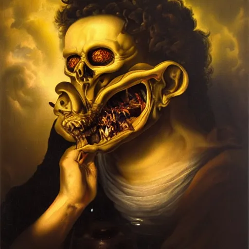 Image similar to refined gorgeous blended oil painting with black background by christian rex van minnen rachel ruysch dali todd schorr of a chiaroscuro portrait of an extremely bizarre disturbing mutated man with shiny skin acne dutch golden age vanitas intense chiaroscuro cast shadows obscuring features dramatic lighting perfect composition masterpiece