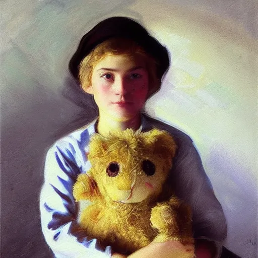 Prompt: “ blonde haired girl holding a stuffed animal, very detailed, oil painting, portrait, dark background, by john singer sargent ”