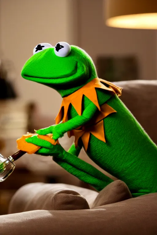 Image similar to candid photo of kermit the frog sitting on the couch hitting a bong, kermit the frog in ted ( 2 0 1 2 ) bong scene, kermit the frog using a bong, kermit smoking weed, bong rip, high resolution photo, trending on artstation, interior design,