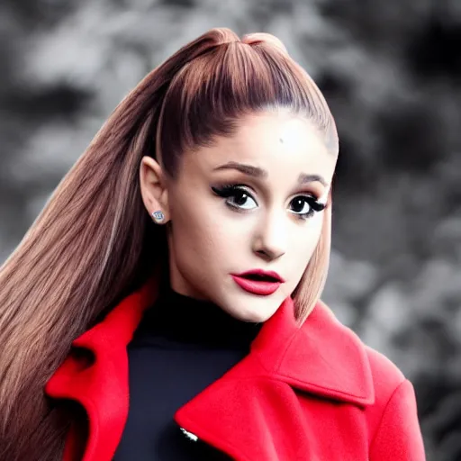 Prompt: ariana grande as an vampire with a red coat and pointy ears 4 k