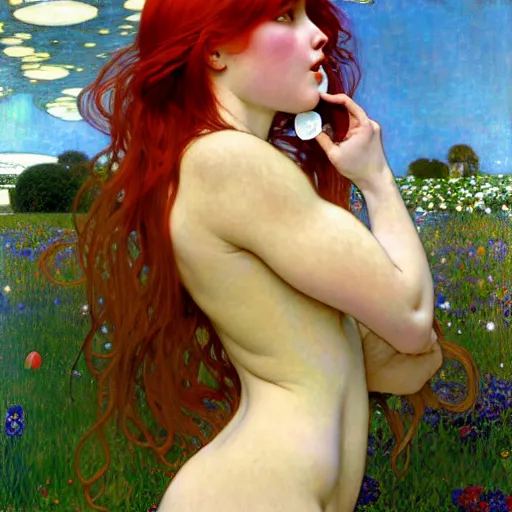 Image similar to A playful young woman with red long hair and bangs in shorts and a white blouse eating an avocado drawn by Zeronis and Donato giancola and Robert McGinnis and alphonse mucha, background by James Jean and gustav klimt, 4k, sunny day, volumetric lighting, french nouveau, trending on artstation, octane render, hyperrealistic