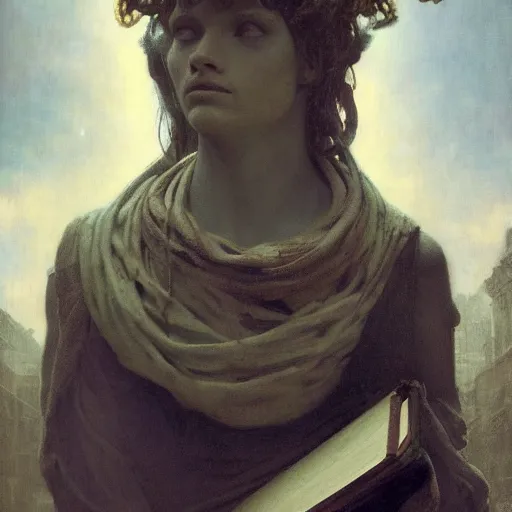 Prompt: half portait of medusa wearing a closed cowl and big old book! chained to the wrist, jeremy mann, jean - leon gerome, tiepolo, alphonse mucha, greg rutkowski, face in the shadows, ( ( ruins of ancient rome ) ), at dusk, mysterious atmosphere, sunrays, dof, high detailed, 8 k