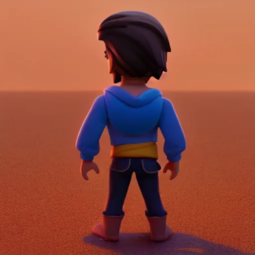 Image similar to profile view of young aladdin as nendoroid walking in a desert, disney, pixar, 8 k, hd, dof, kodak film, volumetric lighting, subsurface scattering, photorealistic, octane render, details