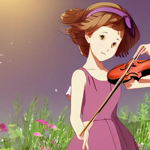 Prompt: cell shaded key visual of a young girl in a floral playing dress the violin in the style of studio ghibli, moebius, makoto shinkai,