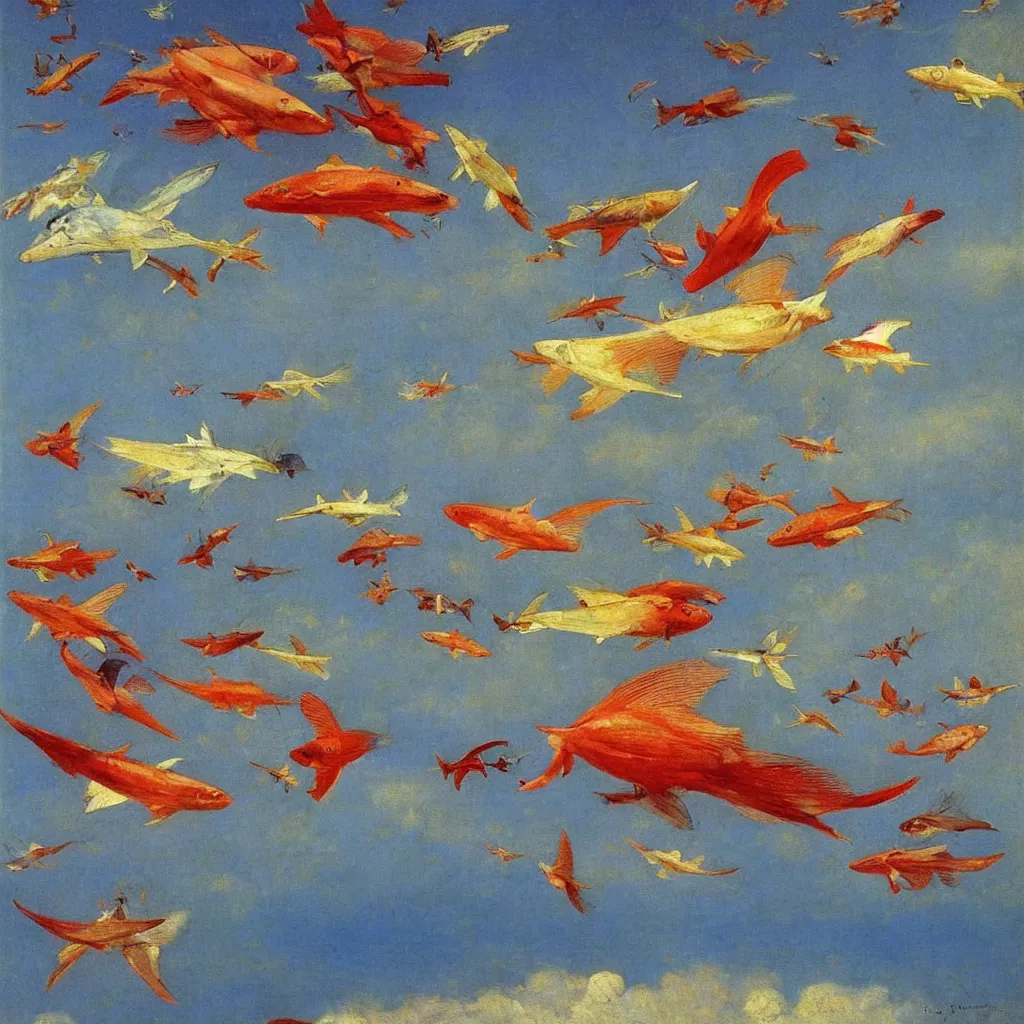 Prompt: colorful zepplins shaped life fish flying in the air, 1905, colorful highly detailed oil on canvas, by Ilya Repin