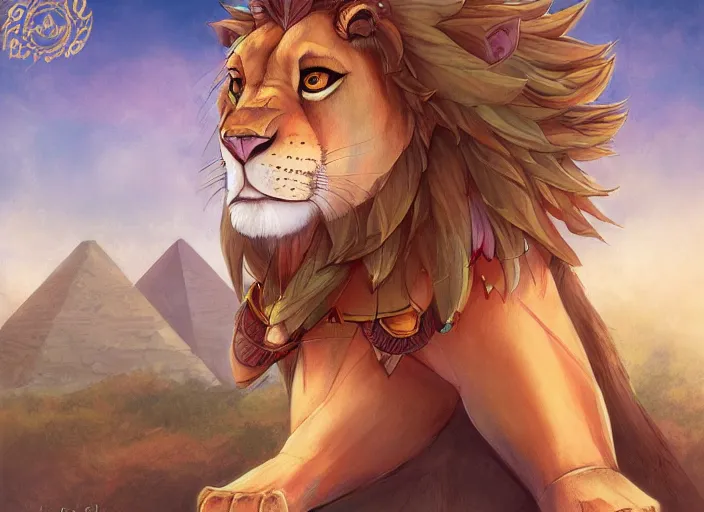 Image similar to full character design of an egyptian lion. deviantart adoptable, style of maple story and zootopia, portrait studio lighting by jessica rossier and brian froud in the style of disney, traditional