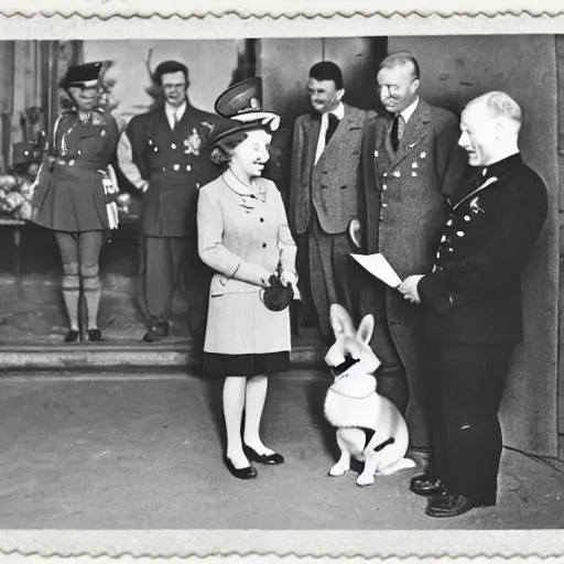 Image similar to 5 0 mm 1 9 4 6 historical photo, of a single german general and a young queen elizabeth signing a peace treaty, a cute corgi watches from above, french village interior, highly detailed, sharp focus, symmetrical face