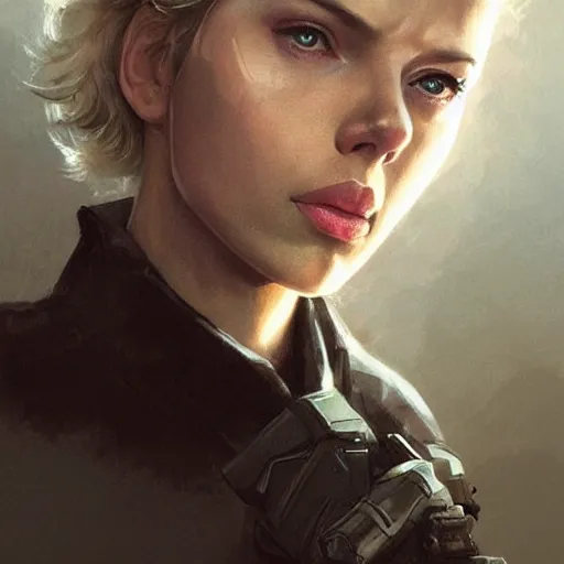 Image similar to old solid snake played by by mature scarlett johansson, face portrait, hd shot, digital portrait, elegant, beautiful, fantasy art, artstation, comic style, by artgerm, guy denning, jakub rozalski, magali villeneuve and charlie bowater