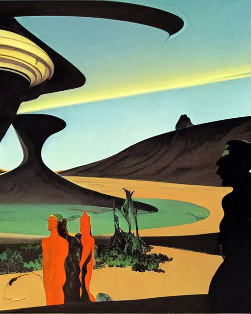 Image similar to two dark figures conversing in an artdeco landscape on an alien planet, painting by Francis Bacon and Norman Rockwell. Art by Syd Mead and Frank Lloyd Wright, surrealism