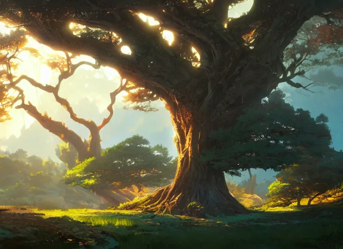 Prompt: concept art painting of a giant oak tree surrounded by forest and mountains, realistic, by makoto shinkai and moebius and anton fadeev and greg rutkowski and james gurney