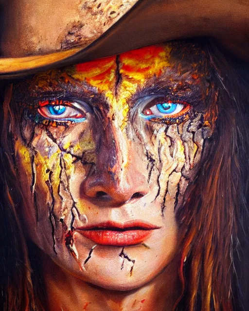 Image similar to oil painting portrait of scarred cowgirl with with burning glowing eyes, high production value, intricate details, high resolution, hdr, high definition, masterpiece, realistic, ultrarealistic, highly detailed, hd, sharp focus, non blurry, sharp, smooth