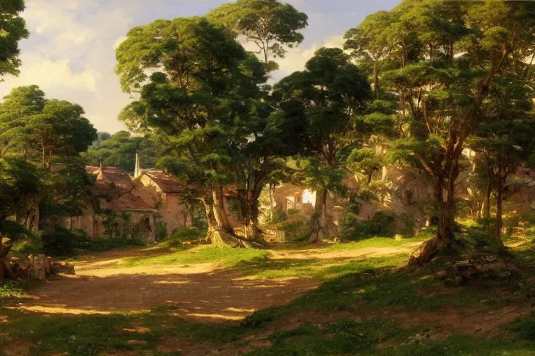 Image similar to a beautiful landscape of a tiny futuristic village in the french countryside during spring season, painting by studio ghibli backgrounds and frederic edwin church hd and louis remy mignot hd, nice spring afternoon lighting, smooth tiny details, soft and clear shadows, low contrast, perfect