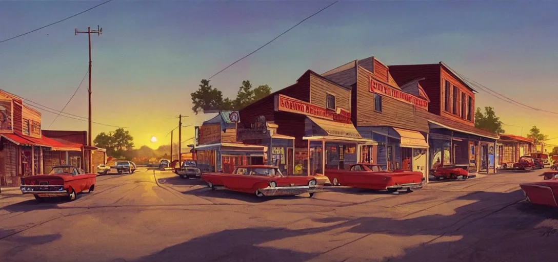 Image similar to concept art of a small rural town in middle America in the 1960s, detailed, Americana, golden hour