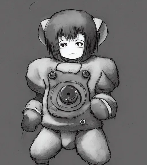 Image similar to attractive little boy wearing an cyborg bear suit, artwork in kentaro miura and made in abyss and inazuma eleven, smooth, beautiful lightness, anatomically correct, trending on pixiv, attractive composition