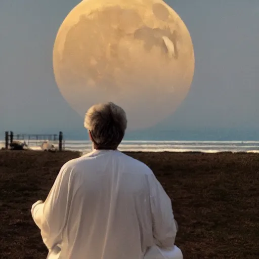 Image similar to back view of a sitting man wearing white robe playing piano in front of a giant moon rising from ocean