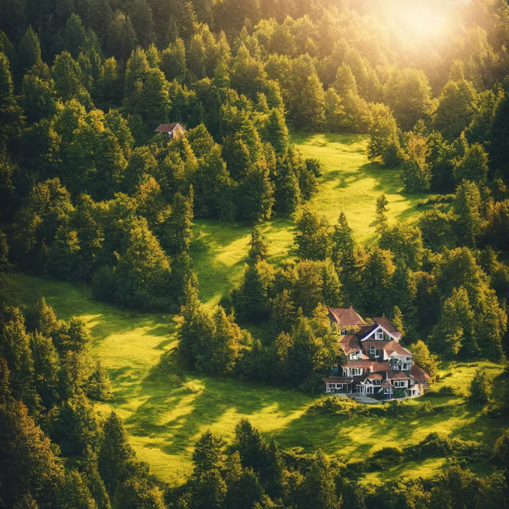 Image similar to beautiful landscape, home on the top of a hill surrounded by trees, natural lighting, 35mm photography, highly detailed, 8K, artgerm, cgsociety, warm lighting