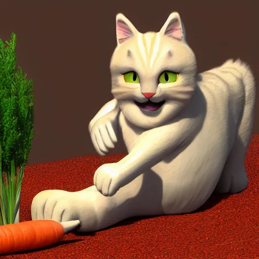 Image similar to big tabby cat with white paws biting a carrot 3d render