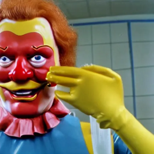 Prompt: ronald mcdonald putting the lotion on its skin or else it gets the hose again, horror, vhs quality, realistic, dutch angle