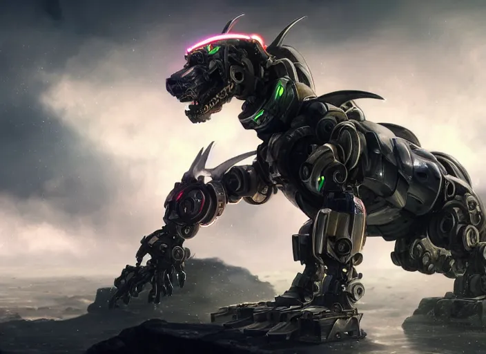 Prompt: hyper realistic, epic, highly detailed cinematic shot of a gigantic feral robot mecha canine, sharp dragon claws, detailed glowing head, metal ears, cannon mounted on back, sleek armor, glowing visor, detailed sharp claws, digital art, furry art, macro art, dragon art, furaffinity, deviantart, sofurry