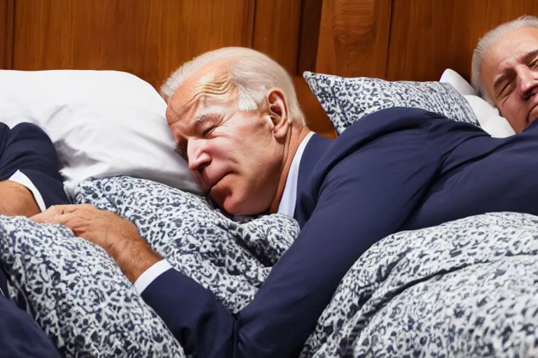 Prompt: Photograph of Joe Biden sleeping in bed with a large Turkish man looming over him, AP photography, 4k