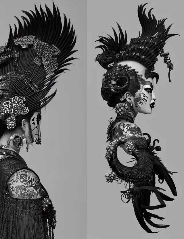 Image similar to 3 d goddess close - up profile portrait punk with mohawk with ram skull. beautiful intricately detailed japanese crow kitsune mask and clasical japanese kimono. betta fish, jellyfish phoenix, bio luminescent, plasma, ice, water, wind, creature, artwork by tooth wu and wlop and beeple and greg rutkowski