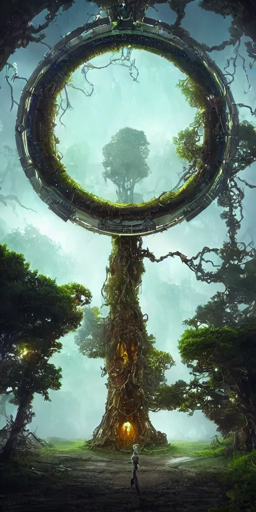 Prompt: humongous techno - tree portal on a big steampunk planet, spooky, art by pixar, smooth, beautiful art, masterpiece, artistic landscape, cinematic, wet reflections, ray tracing x, rtx, smooth