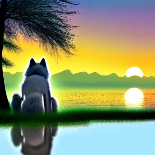 Image similar to view from behind of fluffy baby grey wolf sitting on the shore of a pond, looking out at a sunset, digital art, award winning stunning illustration