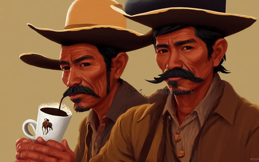 Image similar to photo of juan valdez coffee illustration of a mexican man,, with one small, dirt, wild west, with hat, drinking columbian coffee with a donkey, fantasy, intricate, elegant, highly detailed, digital painting, artstation, concept art by makoto shinkai, ilya kuvshinov, lois van baarle, rossdraws, basquiat,