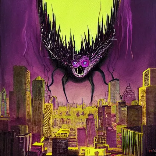 Image similar to A beautiful painting of a large, monster looming over a cityscape. The monster has several eyes and mouths, and its body is covered in spikes. It seems to be coming towards the viewer, who is looking up at it in fear. neon purple, realism, infrared by Dustin Nguyen