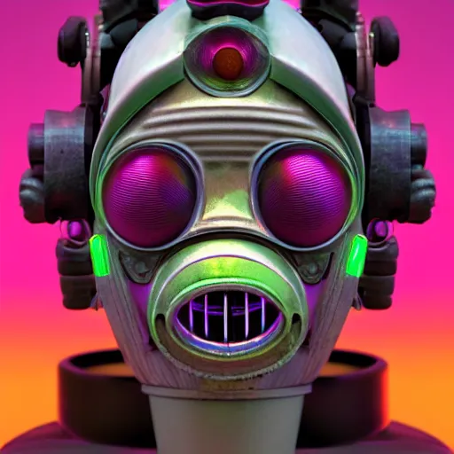 Prompt: a claymodel of a dieselpunk rococo spaced out robot head wearing multicolored tubes, 8 k, front view, symetrical, flourescent colors, halluzinogenic, multicolored, exaggerated detailed, front shot, 3 d render, octane