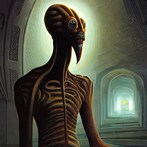 Image similar to portrait of tall, long-necked lipless mutant with scaled face and serpent eyes wearing gauze toga and standing in cyberpunk art deco mosque, alien bestiary by Barlowe, Greg Rutkowski, and Yoshitaka Amano