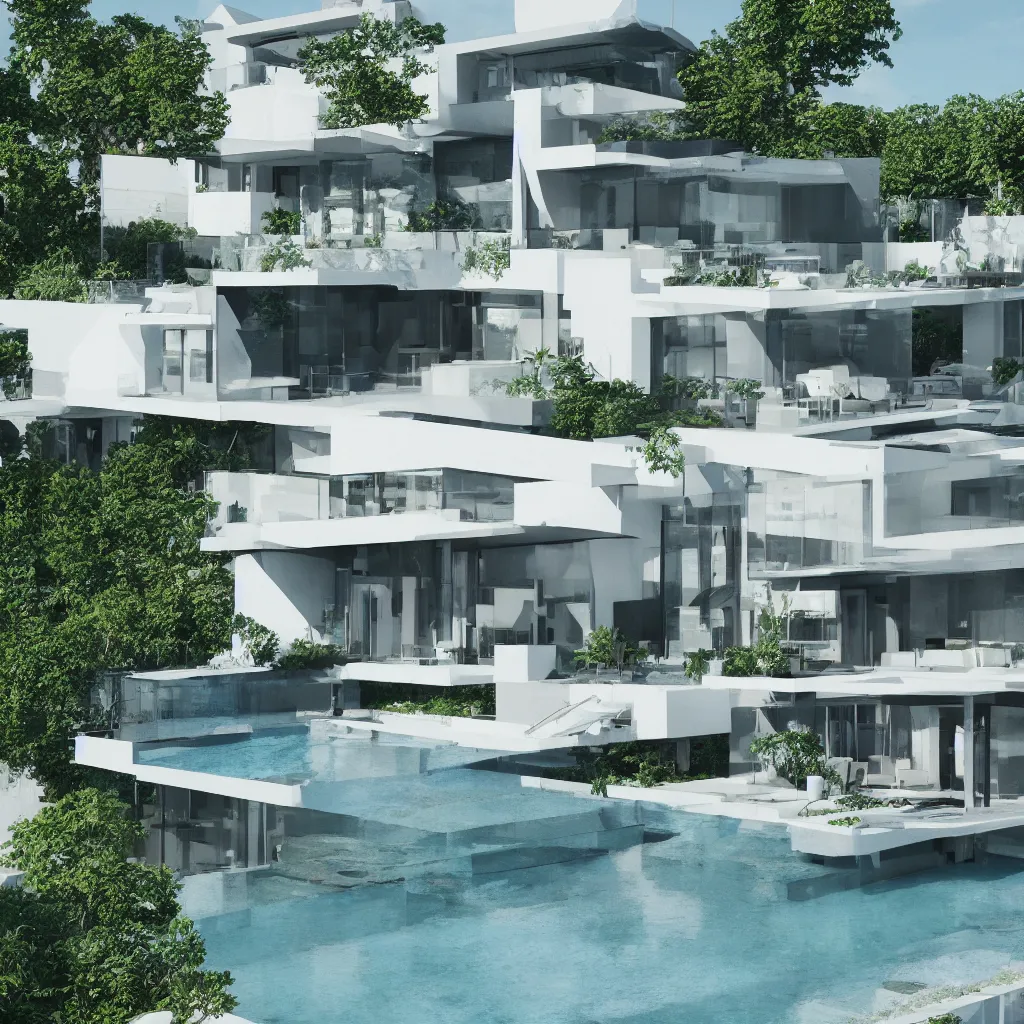 Image similar to modern luxury house with an infinite-edge pool, photo realistic, octane render, Artstation, concept art, high quality, 8k, 4k