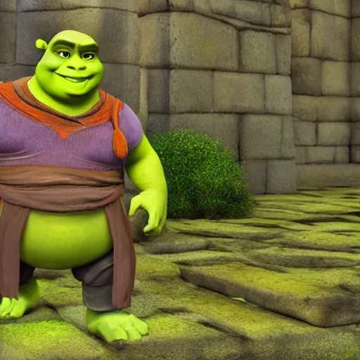 Image similar to handsome shrek, half body shot, path traced, fight scene, highly detailed, high quality, digital painting