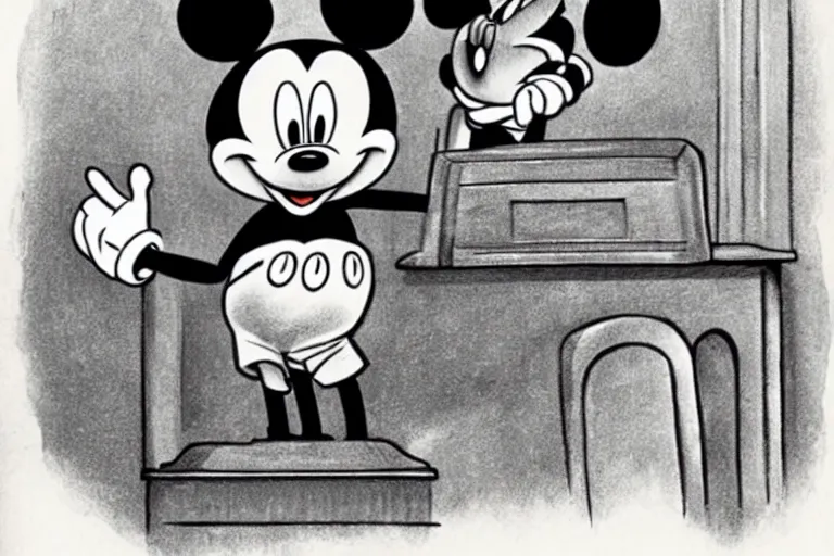 Prompt: courtroom sketch of vintage disney character mickey mouse presenting evidence of copyright infringement to the judge bench court room wooden serious dark tone