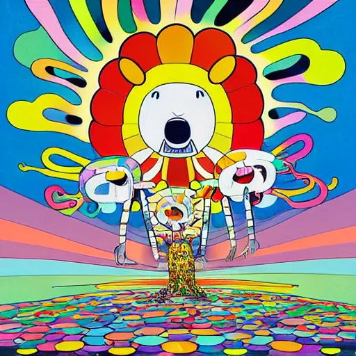 Prompt: a painting of a person standing on top of a hill, an album cover by takashi murakami, pixiv contest winner, psychedelic art, concert poster, poster art, official art