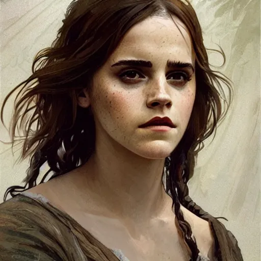 Image similar to Emma watson as a woman in the Paleolithic period, intricate, highly detailed, digital painting, artstation, concept art, sharp focus, illustration, art by greg rutkowski and alphonse mucha
