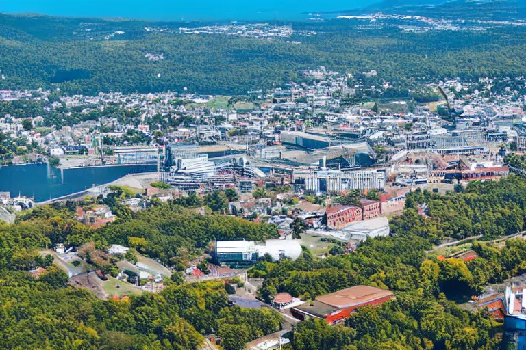 Image similar to bird's eye view photography of a small city. town hall, central farm, monorail station, beach and shipping dock. hills, woods and lake to the north.