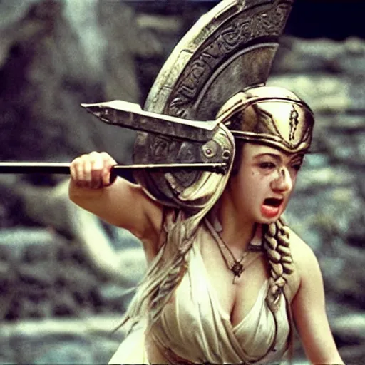 Prompt: the greek goddess athena in battle, scene from live action movie