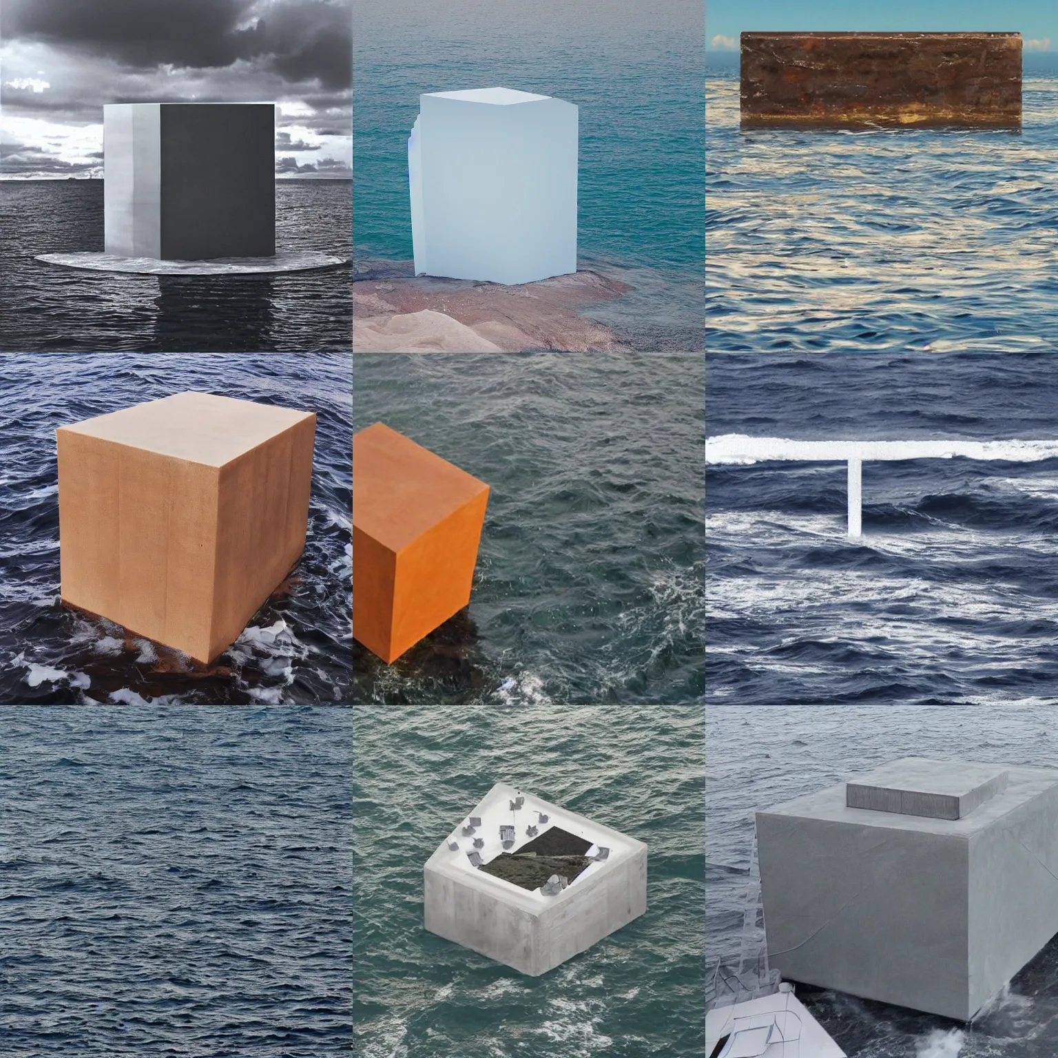 Prompt: a cube in the middle of the sea in the style of richard serra