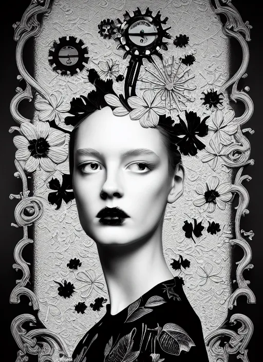 Image similar to monochrome profile portrait painting, dutch masters, silver lace floral steampunk biomechanical beautiful one techno eye young female cyborg, big monocular, volumetric light, leaves foliage and stems, hibiscus flowers, alexander mcqueen, rim light, big gothic fashion pearl embroidered collar, 8 k