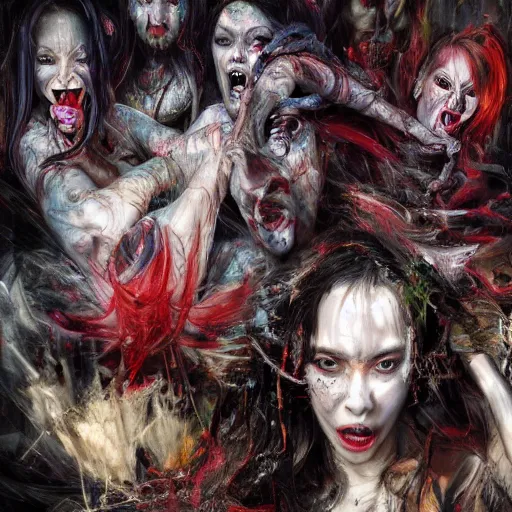 Prompt: A painting of a chaotic pattern of realistic demonic women portraits, each with a different facial expression of madness by christian weiss, ruan jia, pollock, marjorie cameron, 35mm, f2.8, nikon, expressive brush strokes, breathtaking render, unreal engine, william Godward, cyberpunk, blessed by eris, chaos, punk, terror, insane composition, water color splash, coffee stain, burnt paper, jeremy mann, smeared result