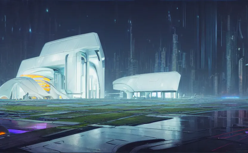 Image similar to painting of a wide angle exterior shot of a white modern futuristic cyberpunk architecture with neon lights in the middle of an english garden with cinematic lighting by peter zumthor and renzo piano, darek zabrocki and greg ruthkowski, alphonse mucha, simon stalenhag and cinematic and blue cold atmospheric, archillect concept art, artstation, trending on artstation