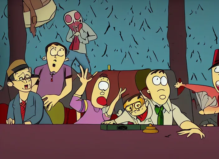 Image similar to still from animated horror movie, animated movie shot, in style of gravity falls