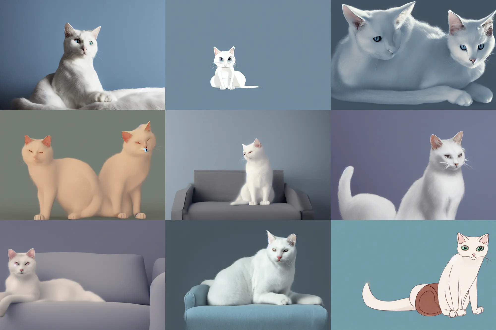 Prompt: A white anthro cat sitting on a couch, soft lighting, light blue background, digital art, r/furry