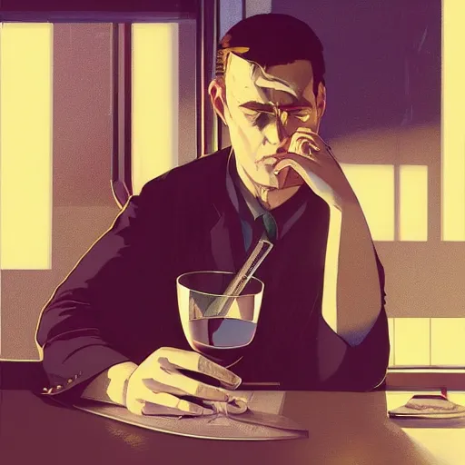 Prompt: Close-up portrait of A wine enthusiast, writing in journal, pondering, wine glass in hand, Joshua Middleton artwork, dramatic backlighting, golden hour, autochrome, high contrast, highly detailed, sharp focus, digital painting, concept art, illustration, cyberpunk, solarpunk, trending on artstation, art by Phil Noto and Alex Toth, composition by alphonse mucha