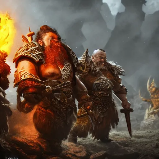 Image similar to a fantasy cinematic shot of a dwarf berserker, warhammer, dd, fighting monsters, octane render, hyperreal, 8 k