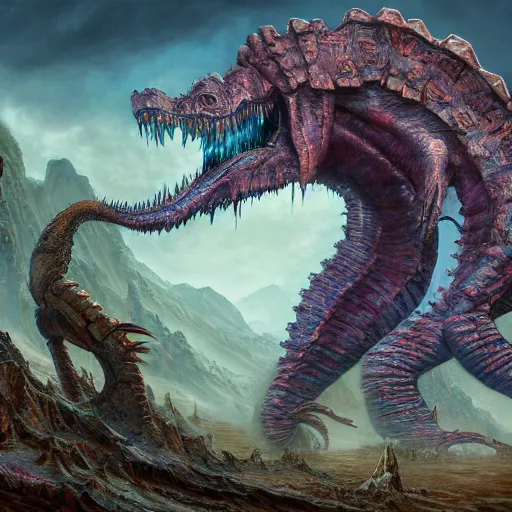 Image similar to colossal dreadmaw, driven, ghostly pride, highly detailed, digital painting, HDRI, by wayne barlowe and josh pierce, vivid colors, high contrast, 8k resolution, intricate, photorealistic, smooth