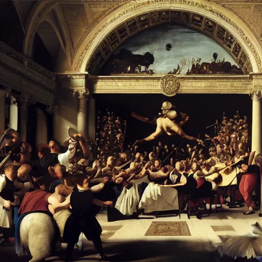 Prompt: a painting of a polar bear directing orchestra at the theatre by Caravaggio